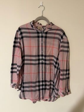 Burberry Sala Pink Nova Check Ruffle Collar 3/4 Sleeve Button Shirt